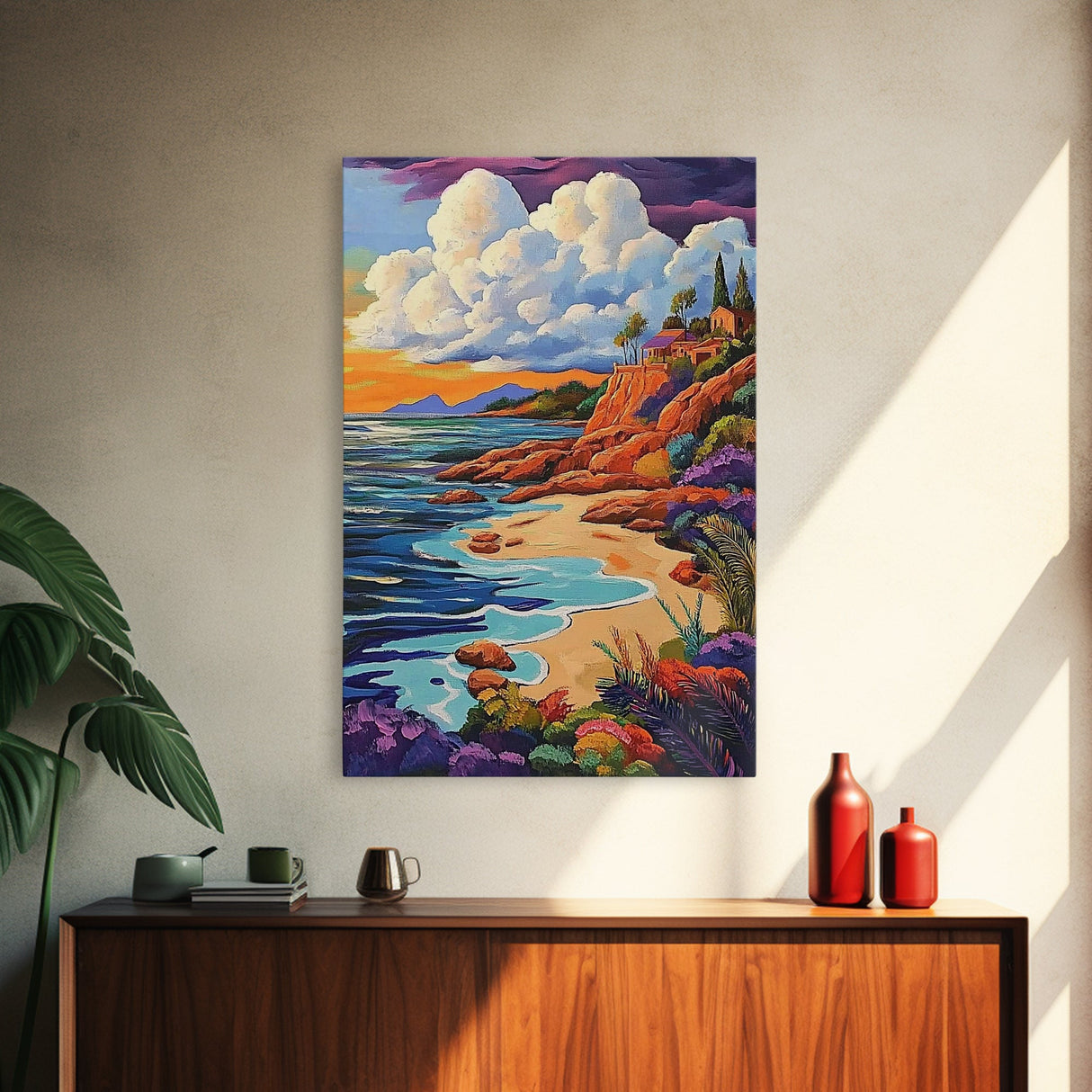 Sunset Beach, Colorful Coastline, Ocean Landscape, Canvas Print, Fall Home Decor, Living Room Wall Art, Dreamy Seaside Painting