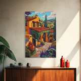 Spanish Villa, Rustic Path, Mediterranean Home Decor, Framed Canvas Print, Warm Color Art, Living Room Wall Art, Autumn Architecture Style