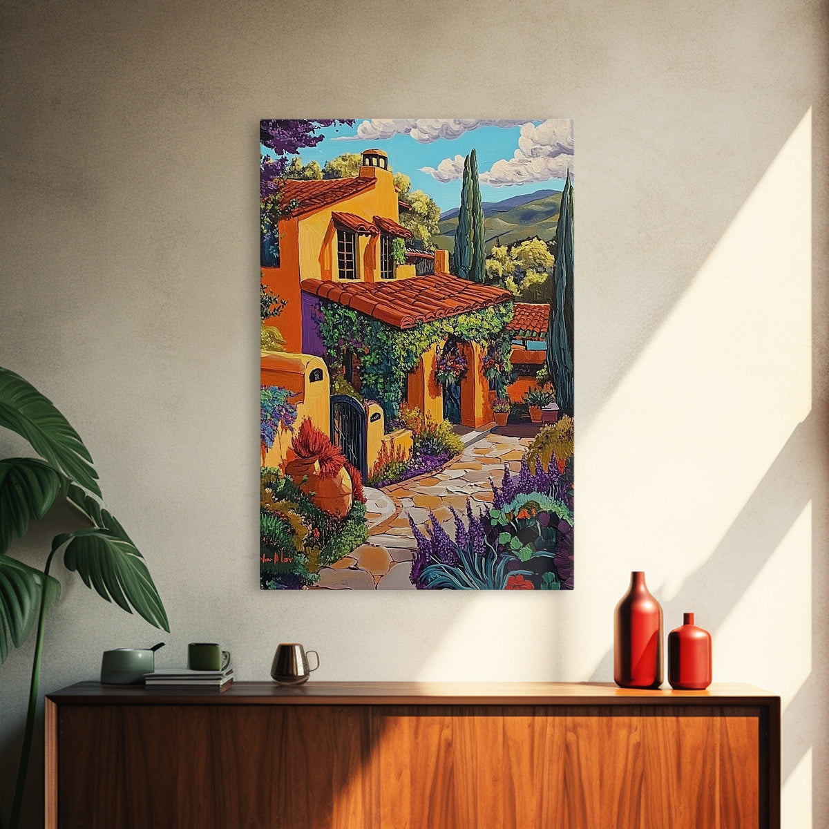 Spanish Villa, Rustic Path, Mediterranean Home Decor, Framed Canvas Print, Warm Color Art, Living Room Wall Art, Autumn Architecture Style