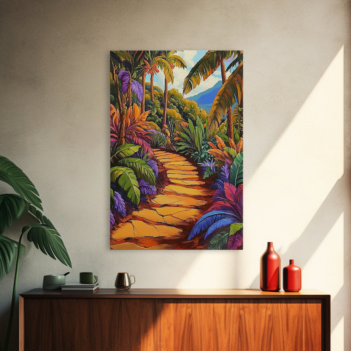 Tropical Trail, Jungle Pathway, Bright Nature Scene, Canvas Print, Boho Living Room Wall Art, Exotic Garden Decor, Colorful Tropical Painting