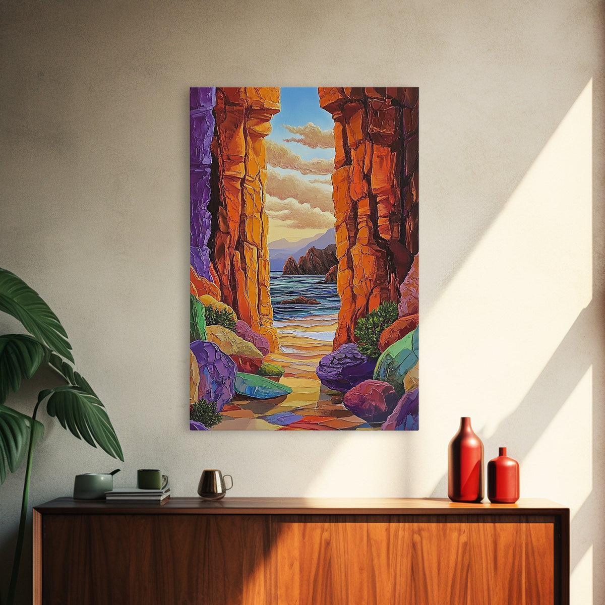 Hidden Cove, Rocky Entry, Ocean View, Sunset Moment, Framed Canvas Print, Bedroom Wall Art, Seaside Fantasy, Desert Coastal Decor