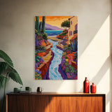 Coastal Pathway Stream, Sunset Cactus Art, Vibrant Garden Trail, Canvas Print, Mediterranean Landscape, Kitchen Wall Decor, Boho Art