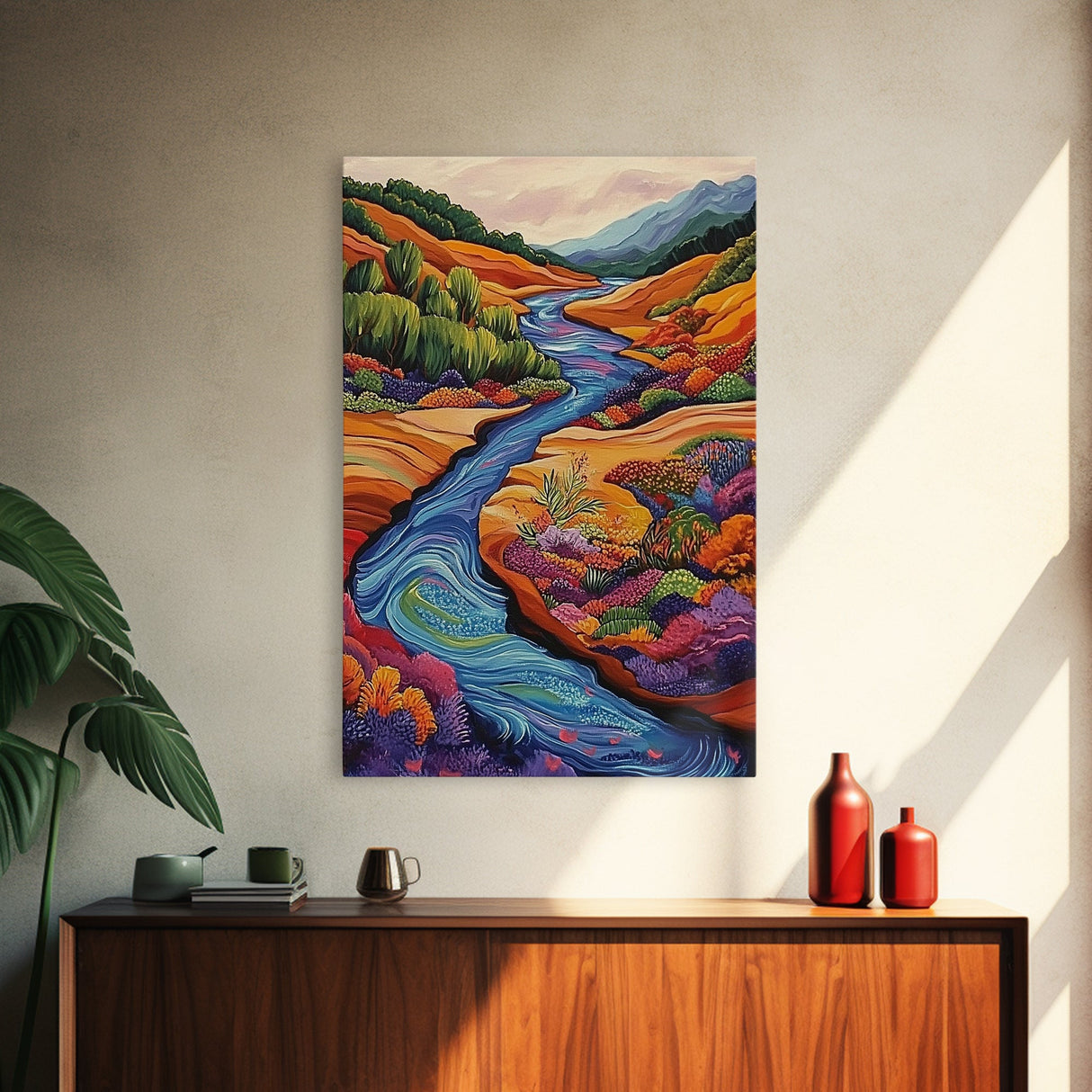 Autumn River Valley, Floral Hillside Art, Bright Fall Landscape, Framed Canvas Print, Seasonal Wall Decor, Living Room Autumn Art