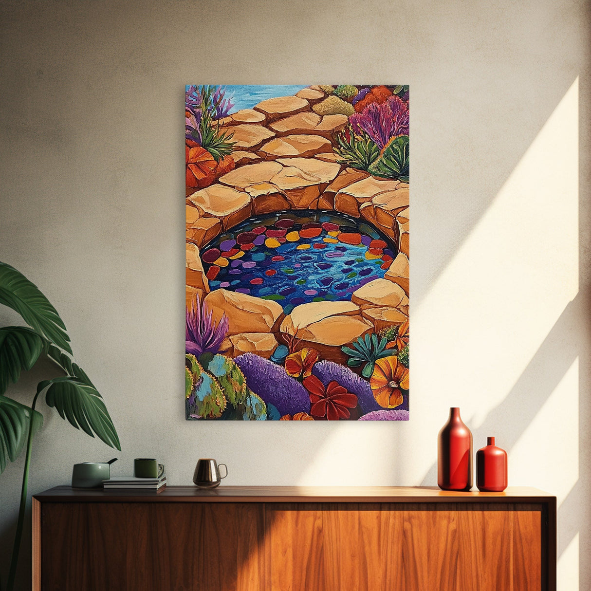 Stone Pool Oasis, Desert Garden Art, Colorful Rock Pond Scene, Framed Canvas Print, Bathroom Wall Decor, Bohemian Nature Art
