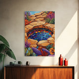 Stone Pool Oasis, Desert Garden Art, Colorful Rock Pond Scene, Framed Canvas Print, Bathroom Wall Decor, Bohemian Nature Art