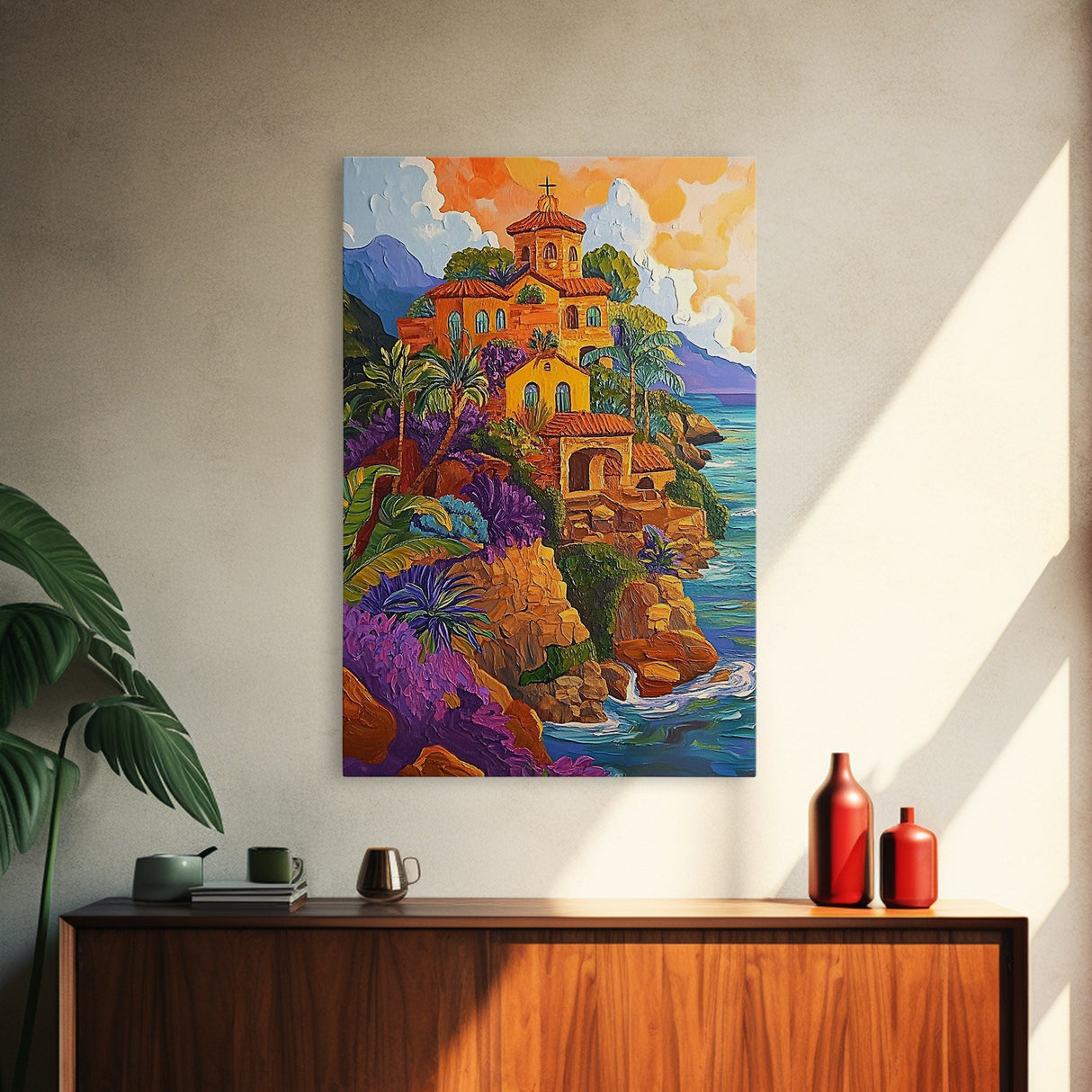Sunset Mission by Sea, Spanish Coastal Church, Tropical Mountain View, Framed Canvas Print, Living Room Art, Bold Wall Statement
