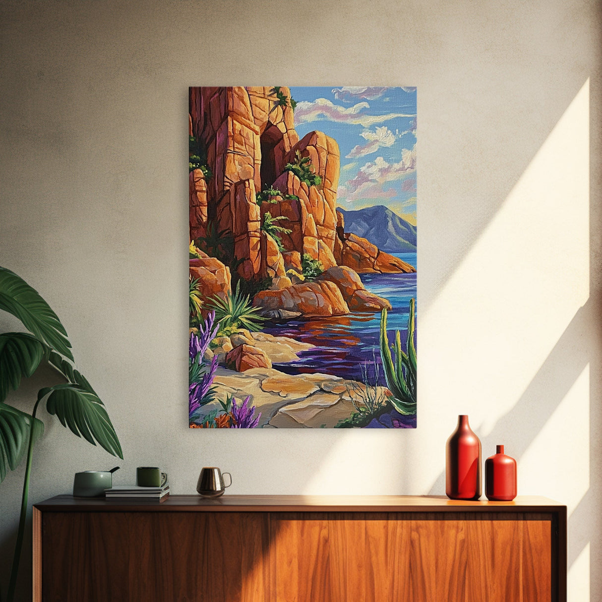 Desert Cliffside, Ocean View, Nature Painting, Colorful Landscape, Living Room Wall Art, Framed Canvas Print, Southwest Home Decor