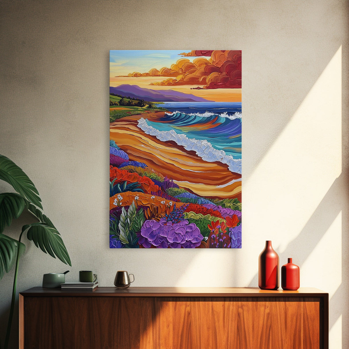 Ocean Sunset, Colorful Beach, Coastal Vibes, Tropical Flowers, Fall Wall Art, Dining Room Decor, Canvas Print, Vibrant Landscape Art