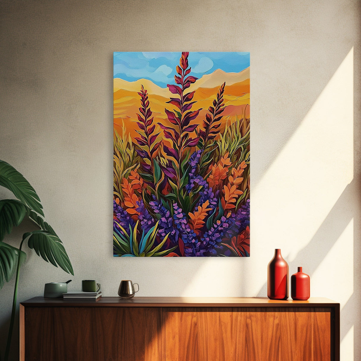 Wildflower Field, Autumn Leaves, Mountain Sunset, Earth Tones, Fall Botanical Art, Living Room Wall Art, Framed Canvas Print