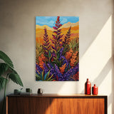 Wildflower Field, Autumn Leaves, Mountain Sunset, Earth Tones, Fall Botanical Art, Living Room Wall Art, Framed Canvas Print