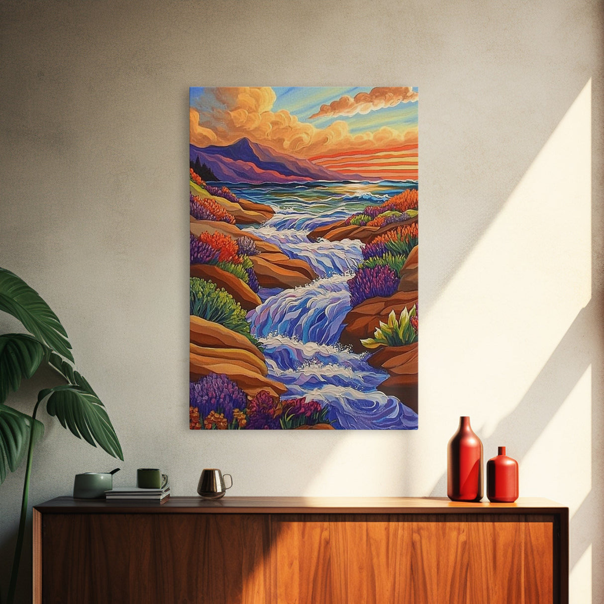 Waterfall Stream, Sunset Sky, Mountain Flow, Fall Colors, Nature Home Decor, Rustic Cabin Vibe, Canvas Print, Living Room Wall Art