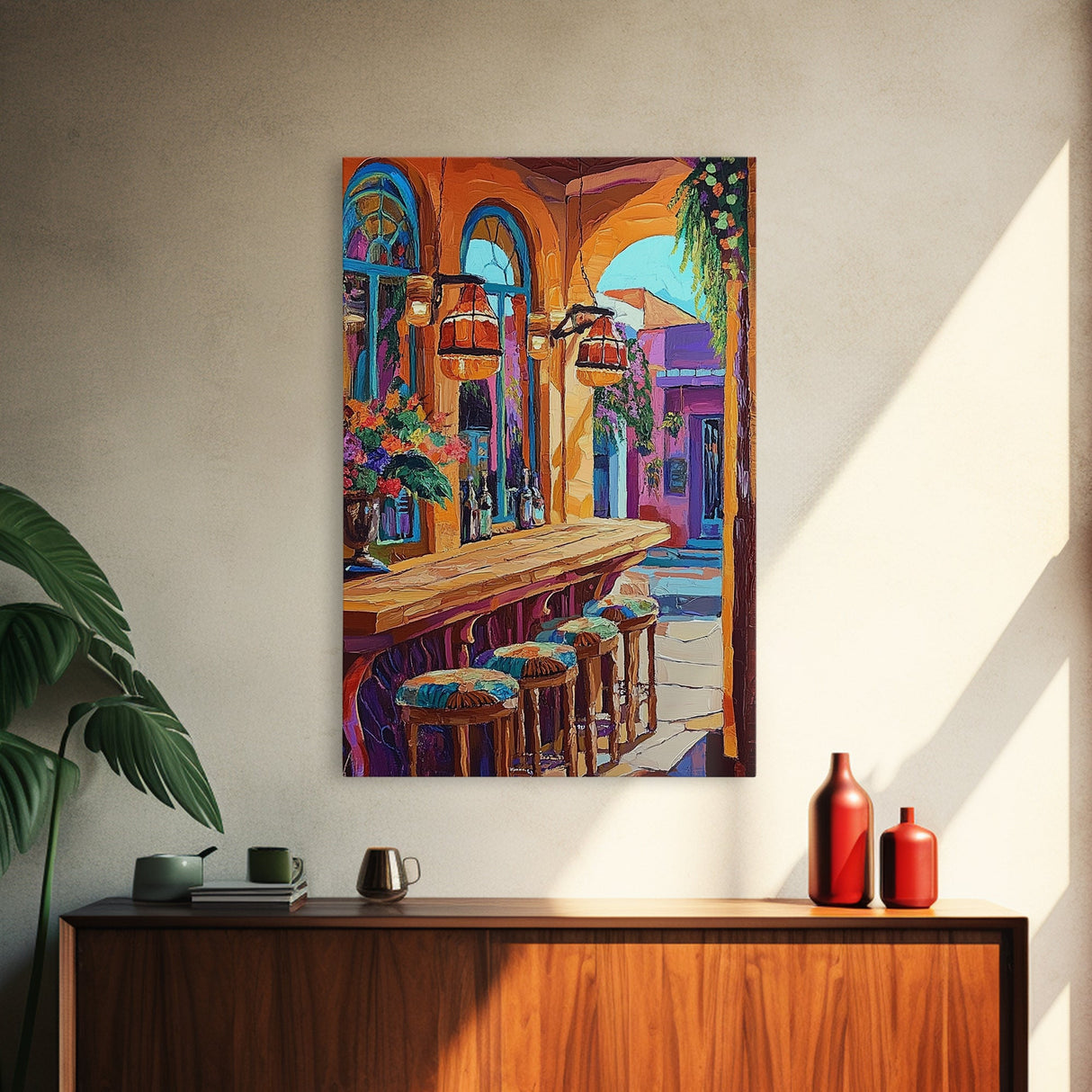 Wine Bar Scene, Cozy Bistro, Mediterranean Patio, Colorful Bar Decor, Kitchen Wall Art, Eclectic Style, Framed Canvas Print