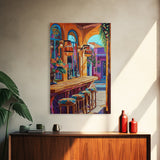 Wine Bar Scene, Cozy Bistro, Mediterranean Patio, Colorful Bar Decor, Kitchen Wall Art, Eclectic Style, Framed Canvas Print