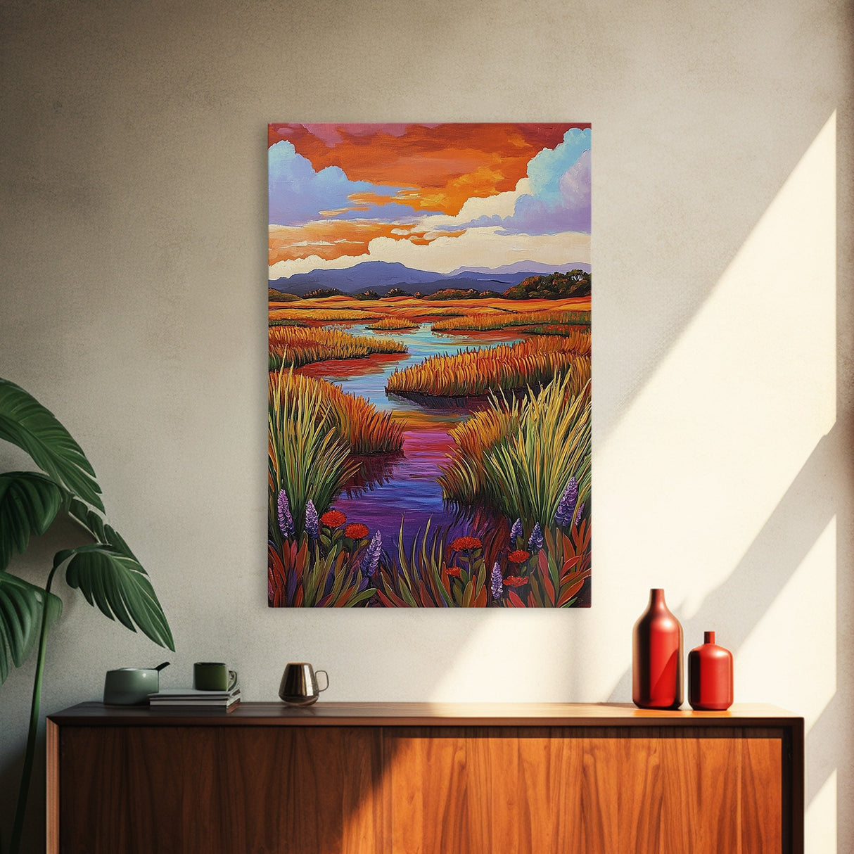 Autumn Wetlands, Sunset Marsh, Nature Escape, Rustic Color Landscape, Farmhouse Style, Fall Decor, Canvas Print, Entryway Wall Art