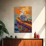 Seagull View, Coastal Bird, Sunset Sky, Ocean Perch, Framed Canvas Print, nautical bird art, hallway wall decor, seagull boho art