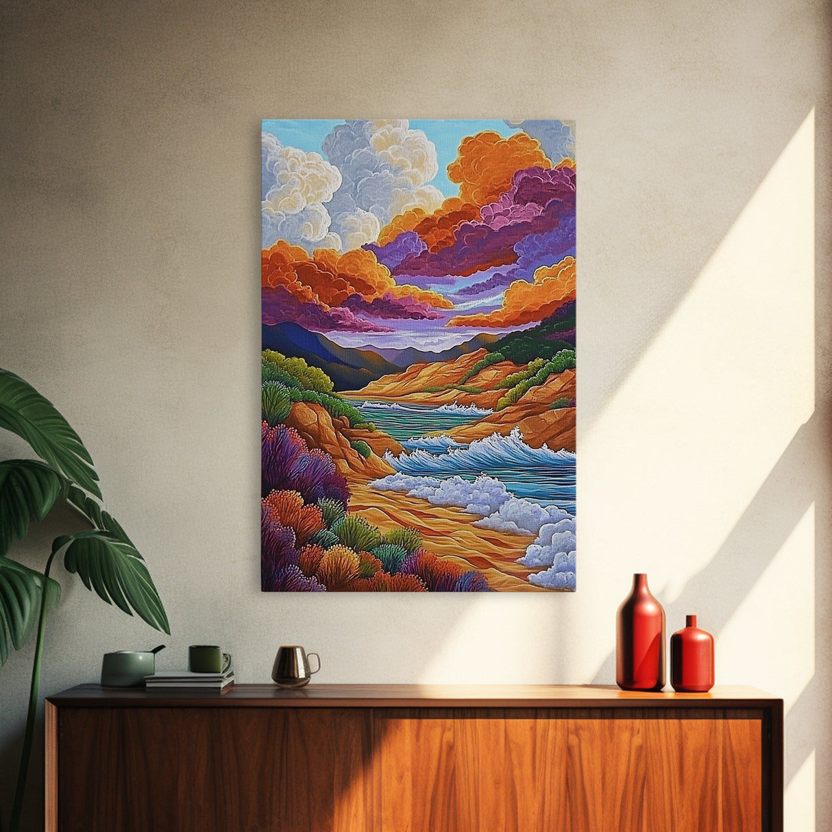 Dramatic Sky, Ocean Hills, Coastal Magic, Colorful Clouds, Framed Canvas Print, living room coastal decor, vibrant nature art, boho fall