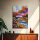 Dramatic Sky, Ocean Hills, Coastal Magic, Colorful Clouds, Framed Canvas Print, living room coastal decor, vibrant nature art, boho fall