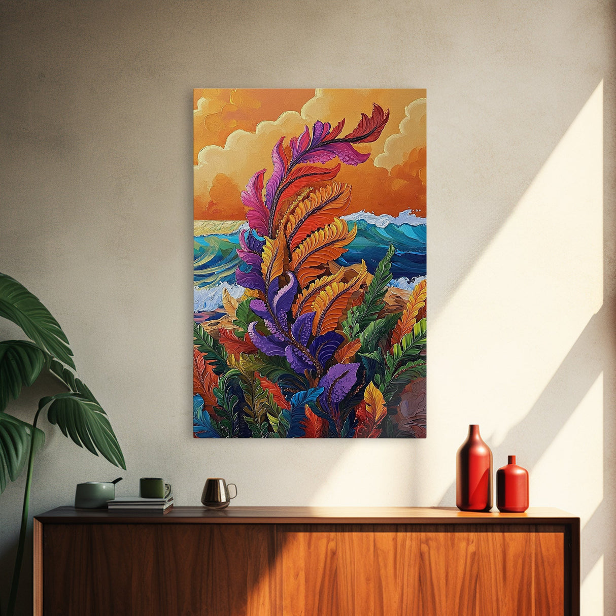 Feather Leaves, Ocean Vibe, Sunset Garden, Fall Colors, Framed Canvas Print, botanical wave art, autumn leaf decor, coastal plant painting