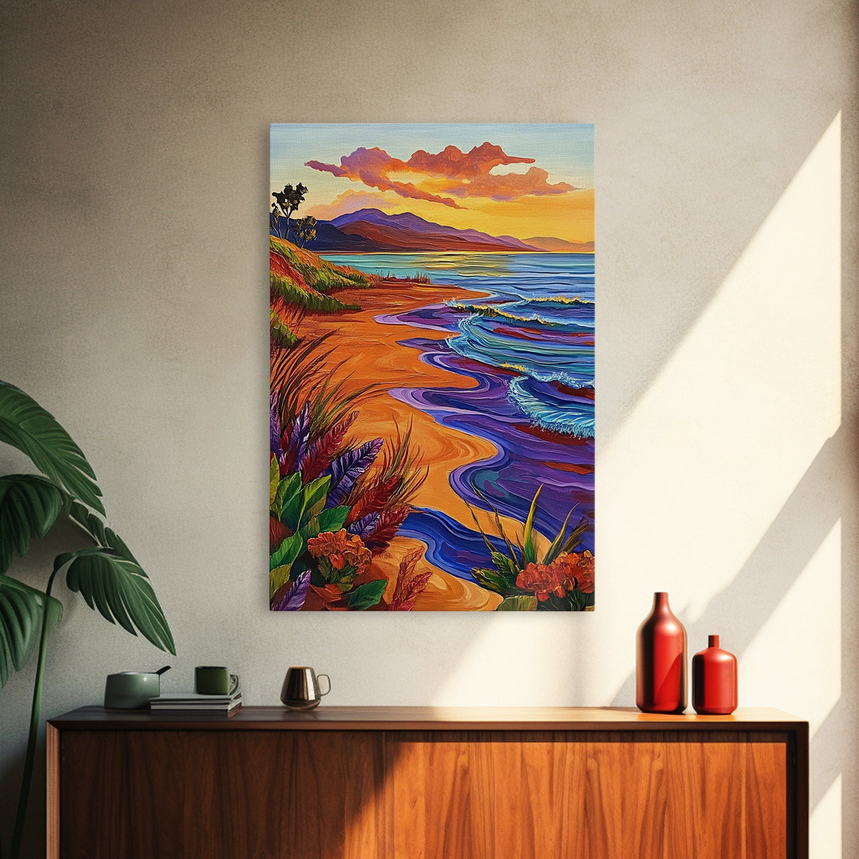 Vibrant Beach Sunset, Ocean Waves, Tropical Coastline, Coastal Landscape, Framed Canvas Print, Living Room Wall Art, Colorful Beach Art