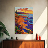 Vibrant Beach Sunset, Ocean Waves, Tropical Coastline, Coastal Landscape, Framed Canvas Print, Living Room Wall Art, Colorful Beach Art