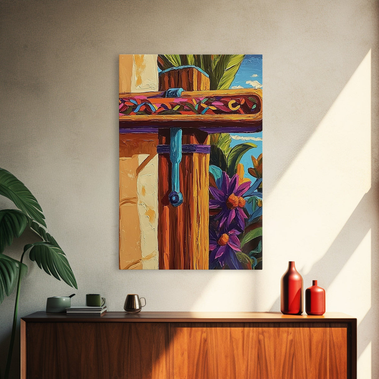 Tropical Rustic Detail Painting, Framed Canvas Print, Coastal patio wall decor, boho island house art, summer wall accent