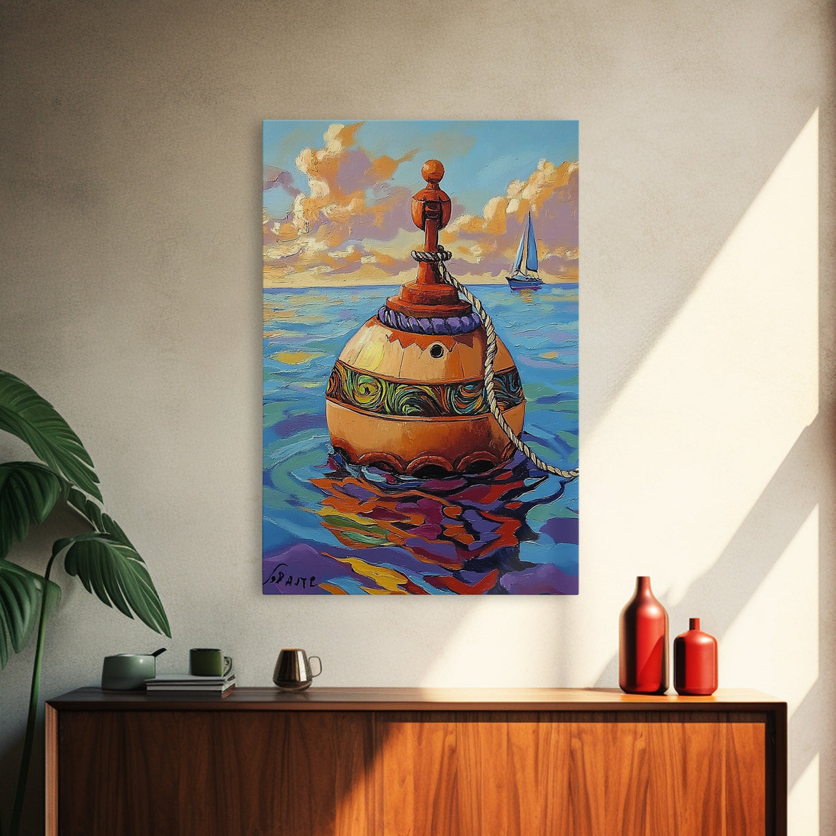 Buoy Ocean Sailboat Painting, Framed Canvas Print, Nautical boho decor, beach home wall art, coastal sunset colors, lakehouse vibe