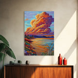 Sunset Bay, Dramatic Clouds, Lakeside View, Village Scene — Canvas Print rustic lake house decor, Fall living room wall art, scenic painting