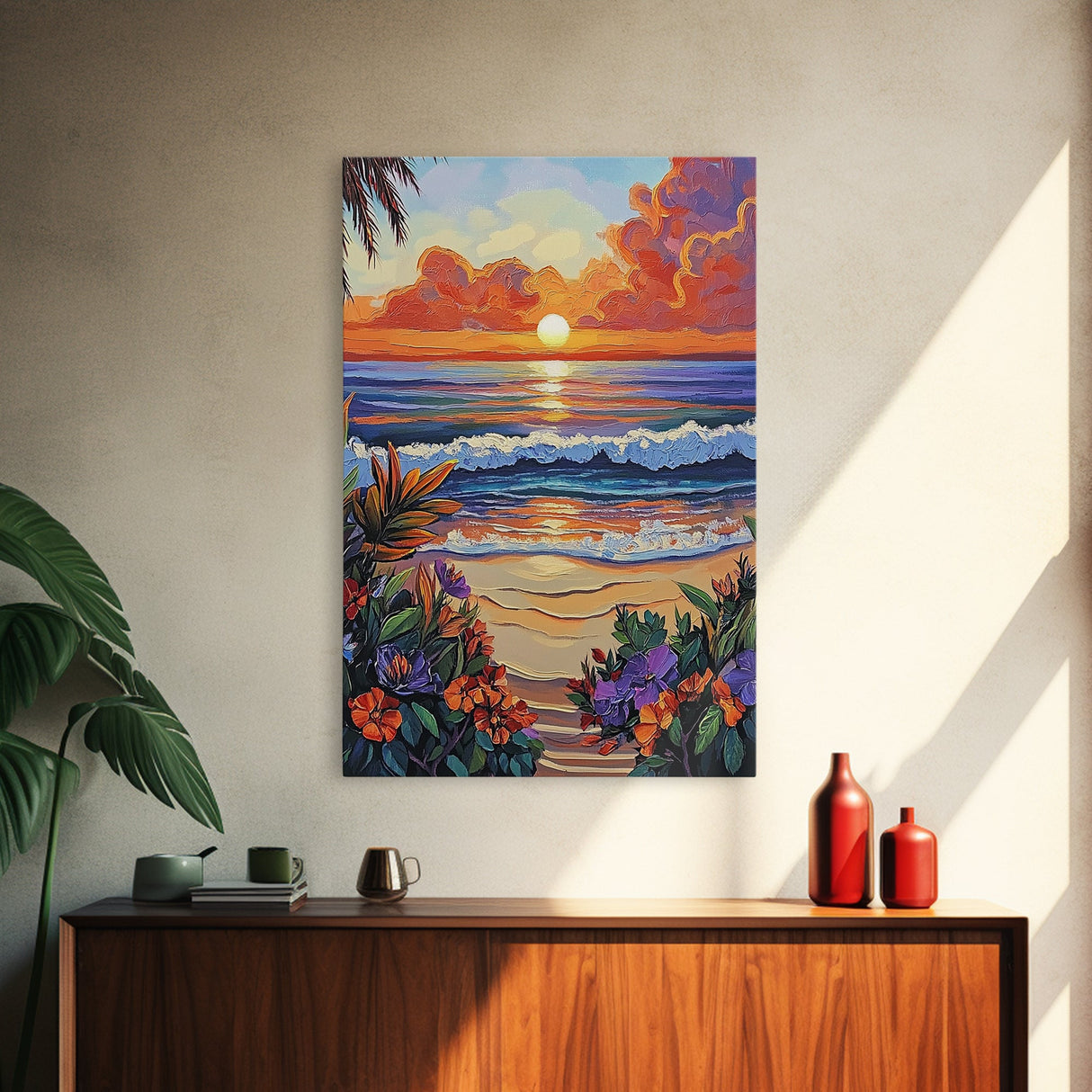 Tropical Beach, Sunset Waves, Lush Florals, Orange Glow — Framed Canvas Print vibrant coastal art, bathroom or bedroom beach decor, boho vibe