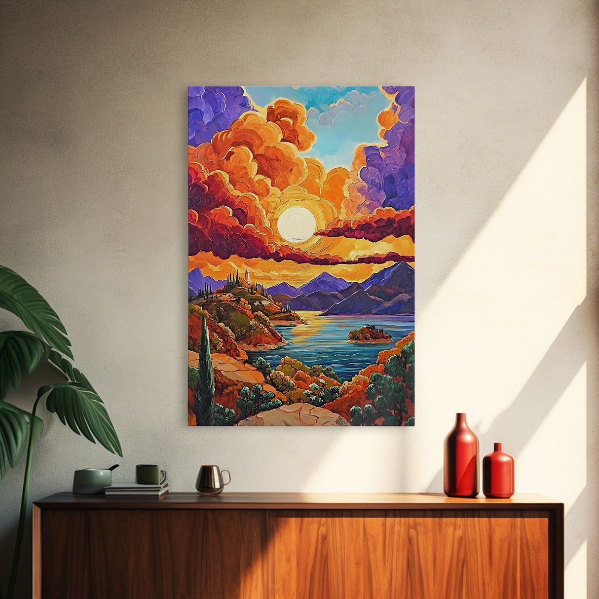 Golden Sky, Mountain Lake, Sunset Clouds, Vibrant Hills — Canvas Print whimsical nature scene, bold landscape wall decor, cozy Autumn vibe
