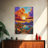 Golden Sky, Mountain Lake, Sunset Clouds, Vibrant Hills — Canvas Print whimsical nature scene, bold landscape wall decor, cozy Autumn vibe
