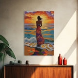 Sunset Beach Woman, Ocean Waves Art, Boho Coastal Decor, Tropical Wall Art, Canvas Print, Living Room Accent, Vibrant Beach Scene