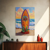 Floral Surfboard Art, Beach Sunset Decor, Tropical Surf Vibe, Canvas Print, Bright Ocean Wall Art, Bathroom Accent, Boho Coastal