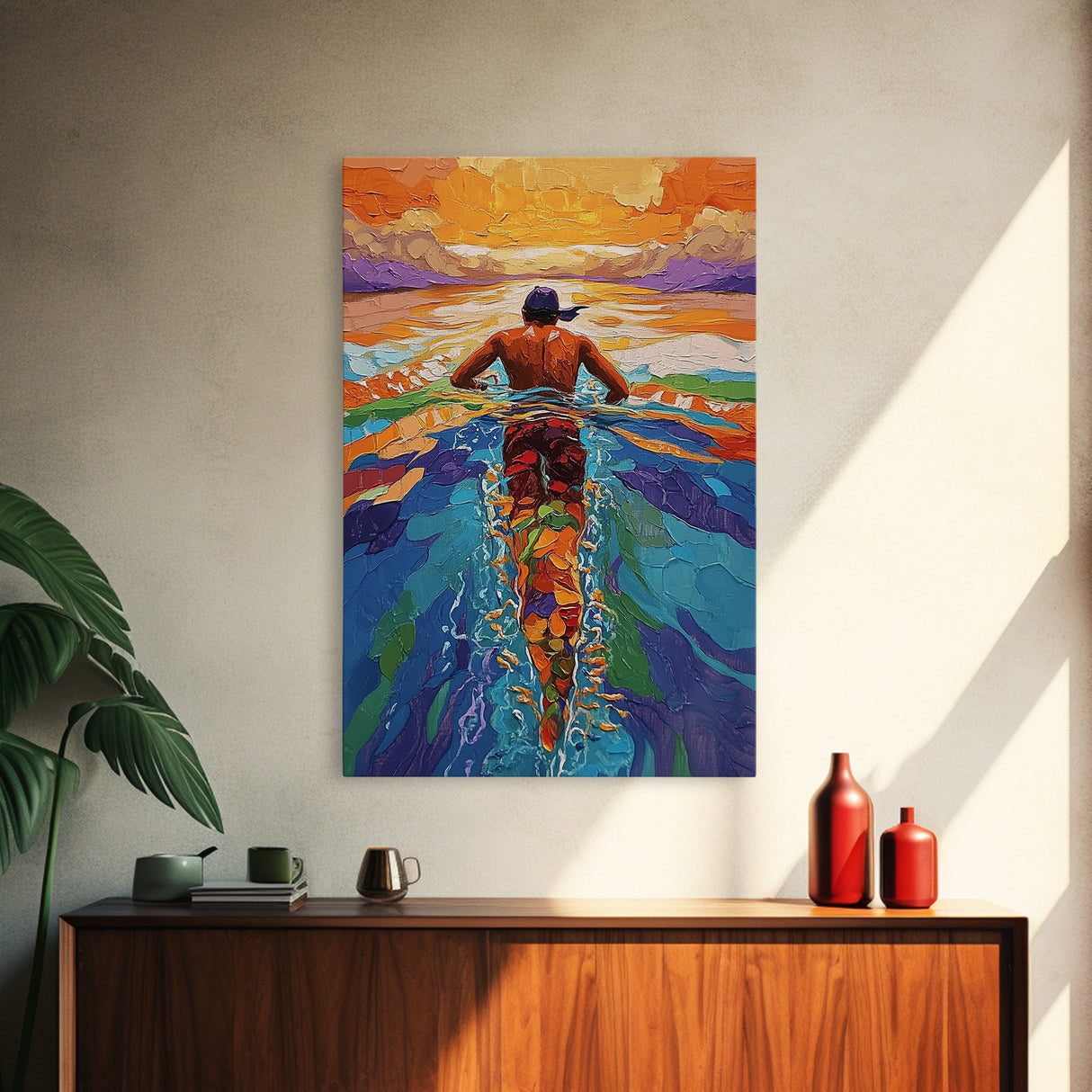 Man Swimming Sunset, Ocean Freedom Art, Tropical Wall Decor, Canvas Print, Bright Water Colors, Bold Bathroom Wall Art