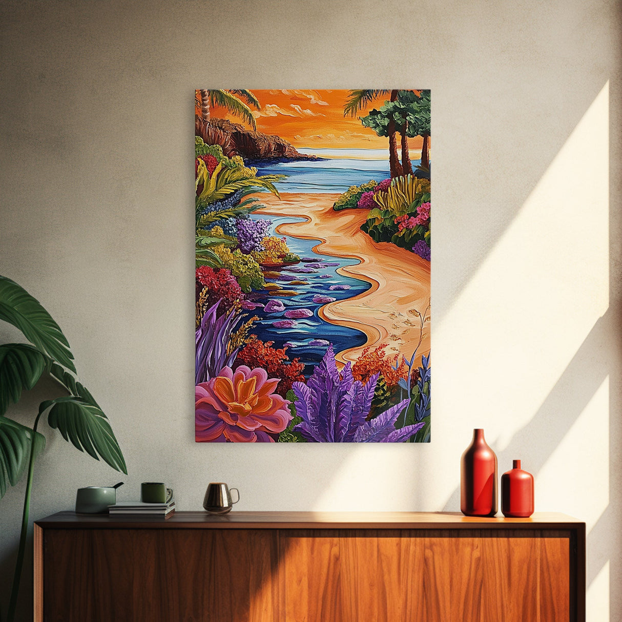 Tropical Beach Path, Sunset Garden Vibes, Colorful Coastal Landscape, Canvas Print, Boho Summer Decor, Bathroom Wall Art