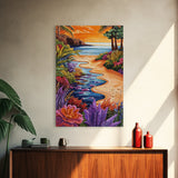 Tropical Beach Path, Sunset Garden Vibes, Colorful Coastal Landscape, Canvas Print, Boho Summer Decor, Bathroom Wall Art