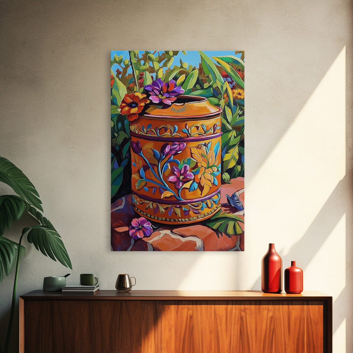 Floral Pot Still Life, Garden Patio Art, Colorful Ceramic Design, Framed Canvas Print, Kitchen Wall Art, Bohemian Home Style