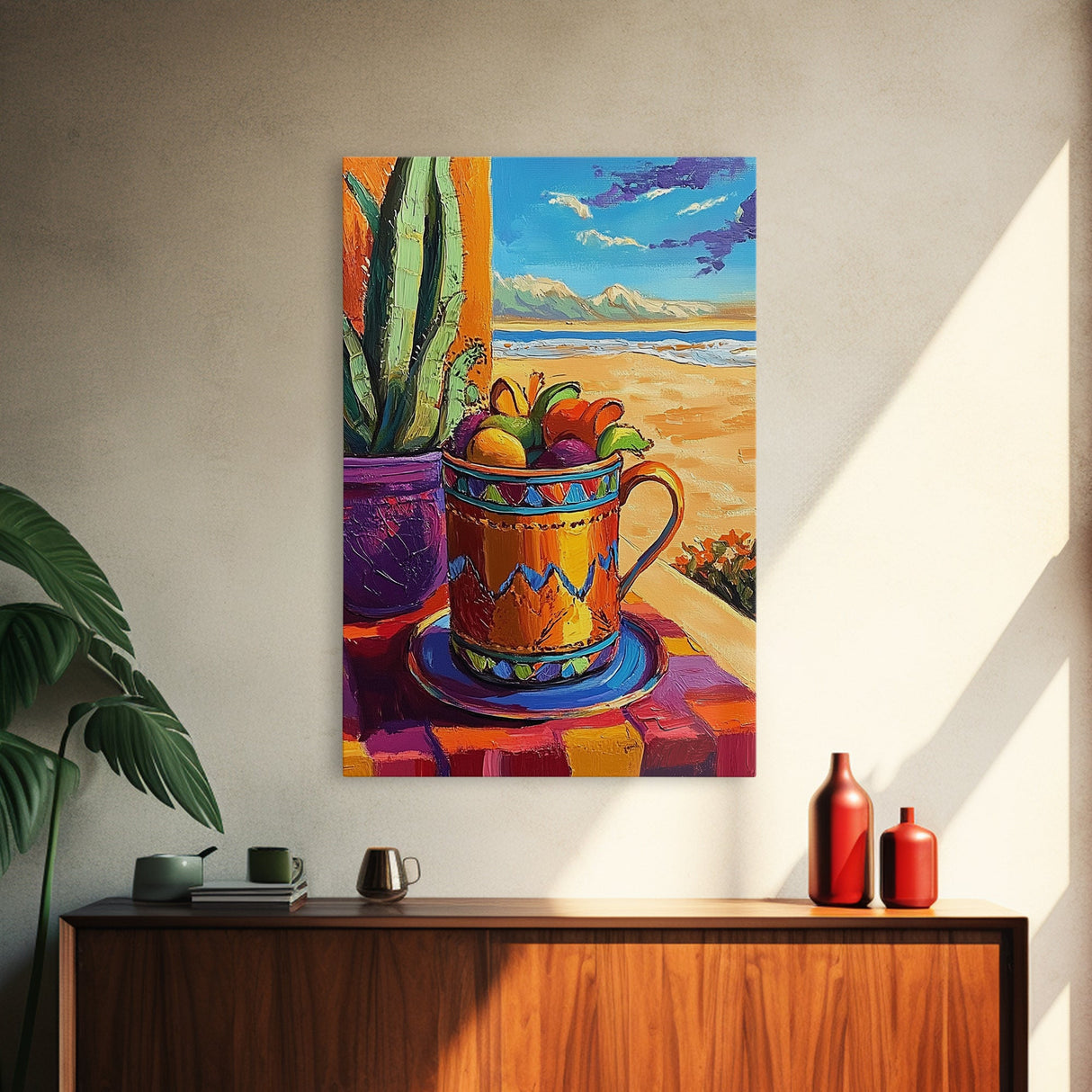 Fruit Mug Art, Coastal Kitchen Decor, Colorful Summer Vibes, Framed Canvas Print, Bright Wall Art, Boho Dining Room Accent
