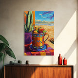Fruit Mug Art, Coastal Kitchen Decor, Colorful Summer Vibes, Framed Canvas Print, Bright Wall Art, Boho Dining Room Accent