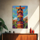 Totem Pole Painting, Tribal Inspired Decor, Canvas Print, Vibrant Wall Art, Boho Art Style, Entryway Statement Art, Unique Cultural Art