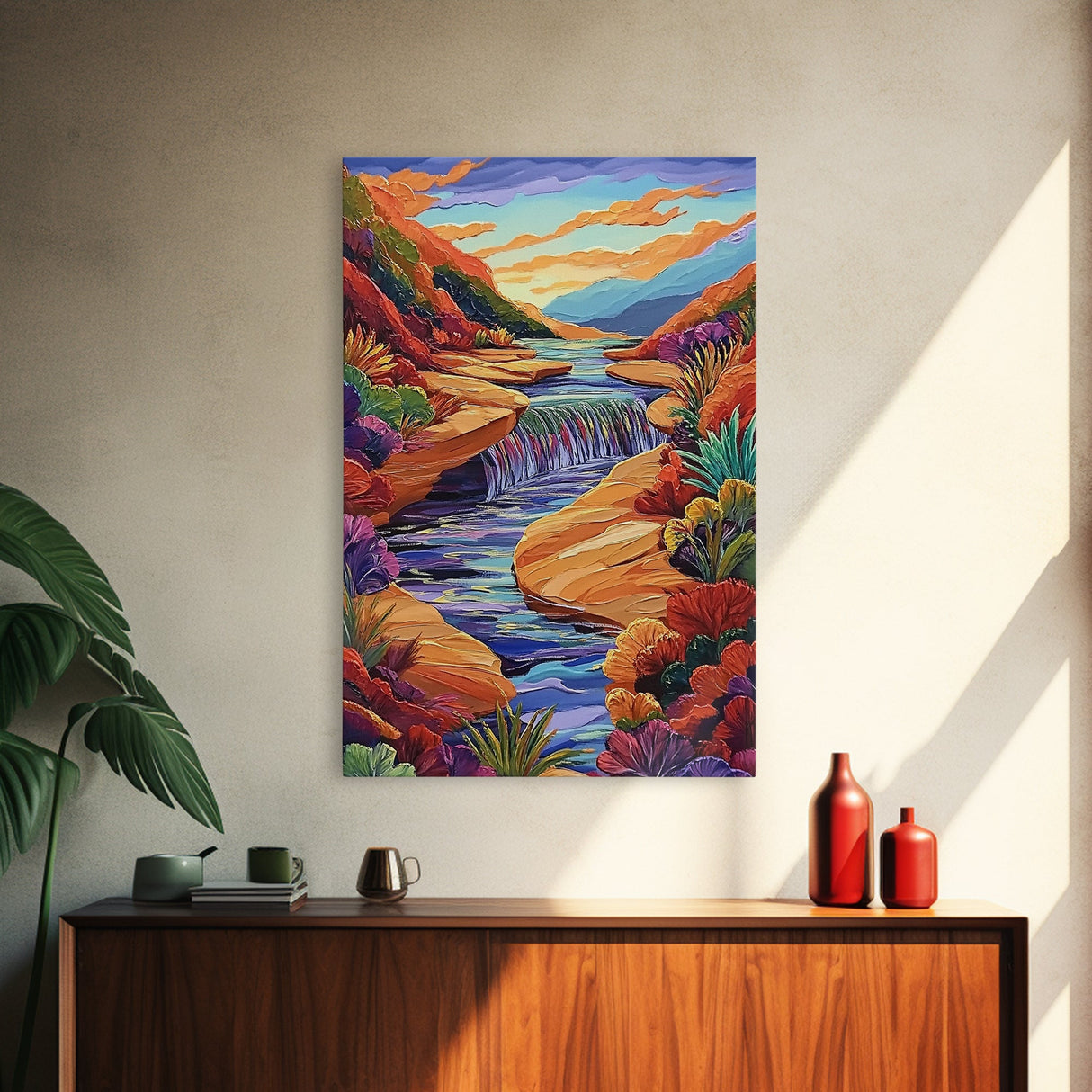 Canyon River Stream, Vibrant Landscape, Sunset Colors, Nature Scene, Framed Canvas Print, Bedroom Wall Art, Fall Home Decor, Boho Art
