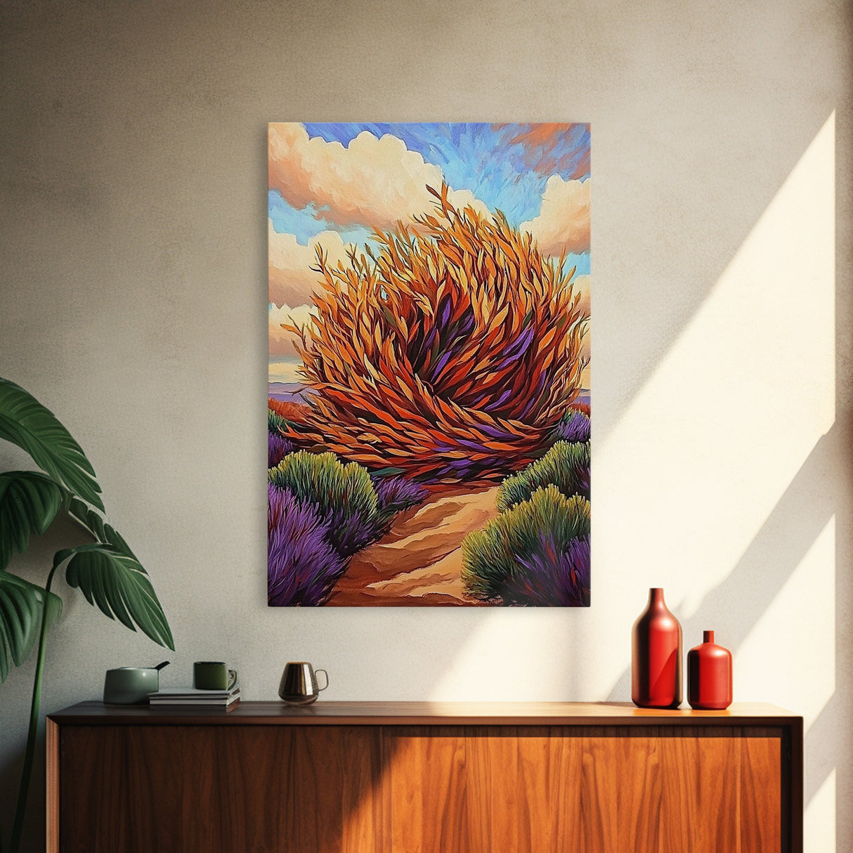 Desert Winds, Autumn Tumbleweed, Nature Path, Wild Colors, Framed Canvas Print, Entryway Wall Art, Fall Rustic Decor, Southwest Art