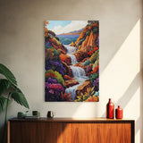 Cascading Falls, Ocean Cliffs, Tropical Flowers, Bold Nature, Framed Canvas Print, Living Room Wall Art, Maximalist Decor, Beach Art