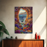Ocean Cave Window, Underwater Scene, Marine Life, Coral Reef, Framed Canvas Print, Bathroom Wall Art, Coastal Decor, Nautical Art
