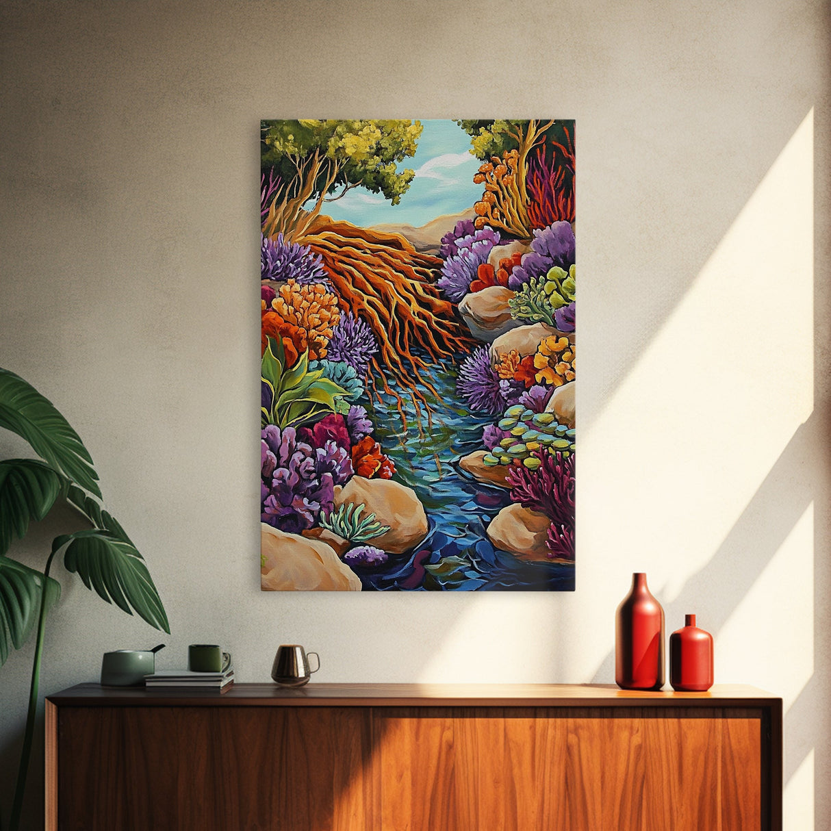 Tree Roots Water, Forest Creek, Vibrant Flora, Nature Beauty, Framed Canvas Print, Office Wall Art, Botanical Decor, Whimsical Art