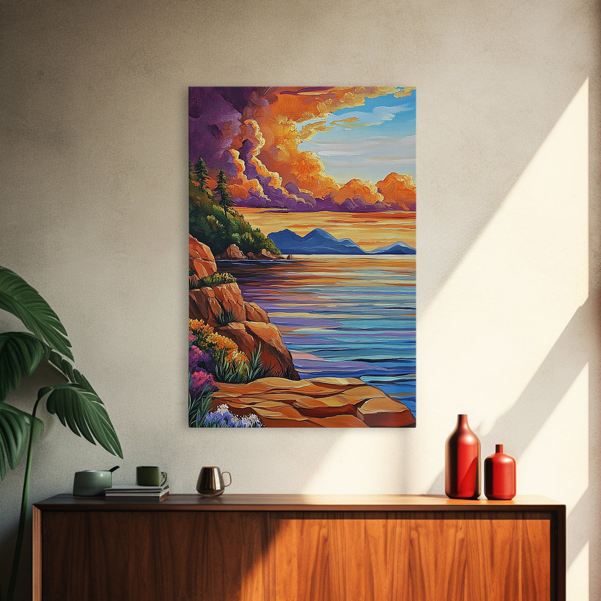 Sunset Shore, Tranquil, Mountains, Framed Canvas Print scenic mountain coast, sunset wall art, calming nature art, bohemian living room decor