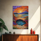Sunset Lake Reflection, Fiery Sky, Tranquil Water, Mountain Glow, Framed Canvas Print, Bedroom Wall Art, Autumn Decor, Serene Art