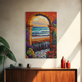 Stone Archway Ocean, Dreamy Seaside Scene, Romantic Sunset Art, Framed Canvas Print, Coastal Entryway Wall Art, Vacation Vibes