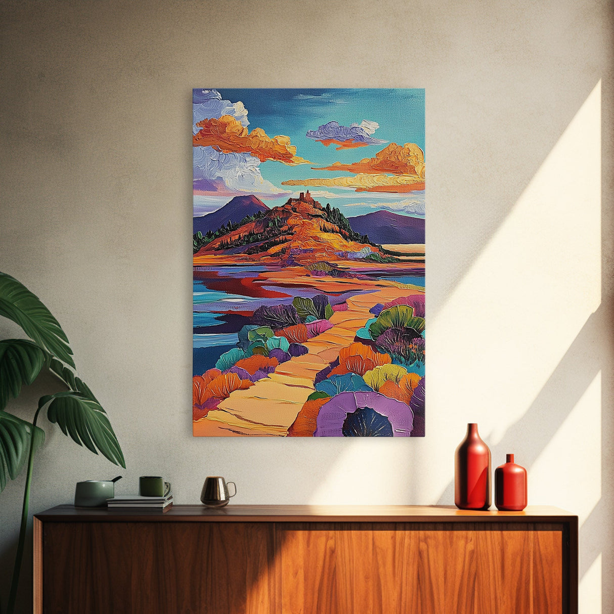 Desert Pathway Painting, Vibrant Mountain Scene, Colorful Earthy Art, Framed Canvas Print, Rustic Hallway Wall Art, Fall Colors