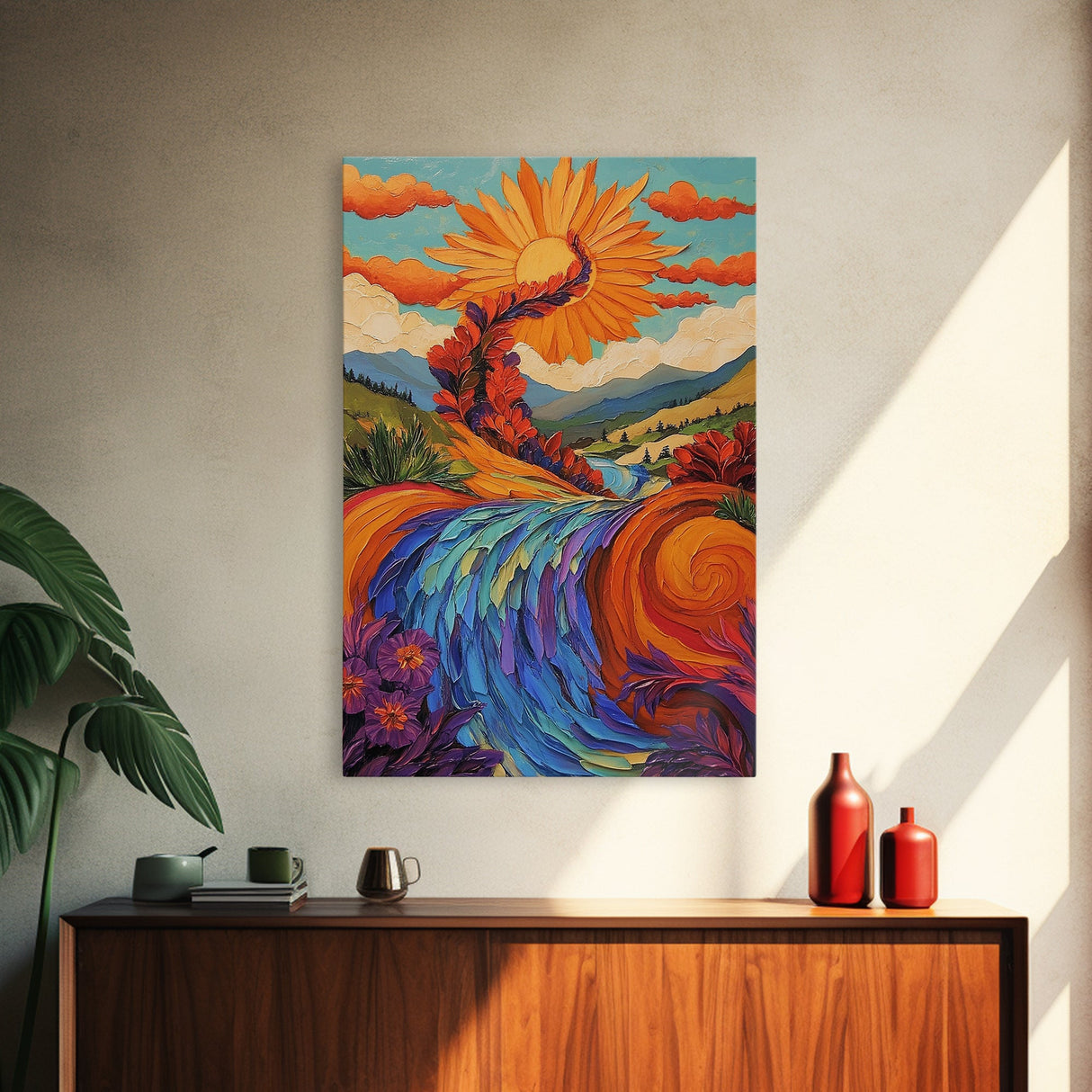 Sunflower River Scene, Whimsical Nature Landscape, Joyful Energy Art, Framed Canvas Print, Bright Nursery Wall Art, Autumn Boho Style