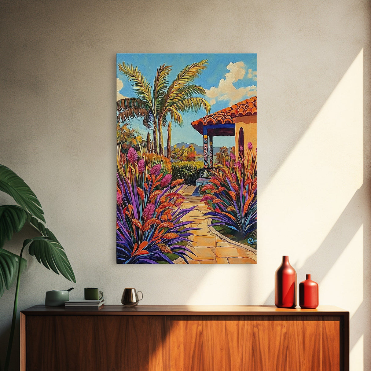 Tropical Path, Palm Trees, Garden Walkway, Vibrant Flora, Framed Canvas Print patio decor, vacation home wall art, coastal impressionist